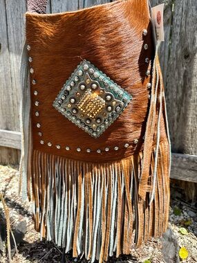 Fringed Western Crossbody Bag with Turquoise Accent - Brown